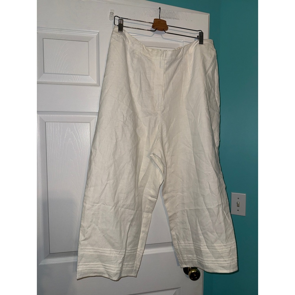 Style & Co Woman White 100% Linen Wide Leg Crop Pants Plus Size 18W Embroidery